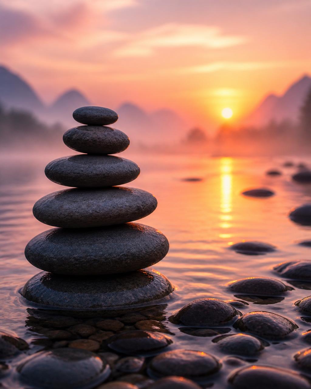 Smooth stones stacked in warm morning light